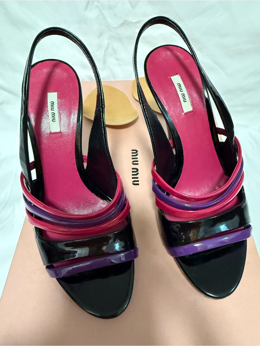Miu Miu Black Slingback Heel Sandals with Pink and Purple Straps. Sz. 5 - Picture 8 of 10